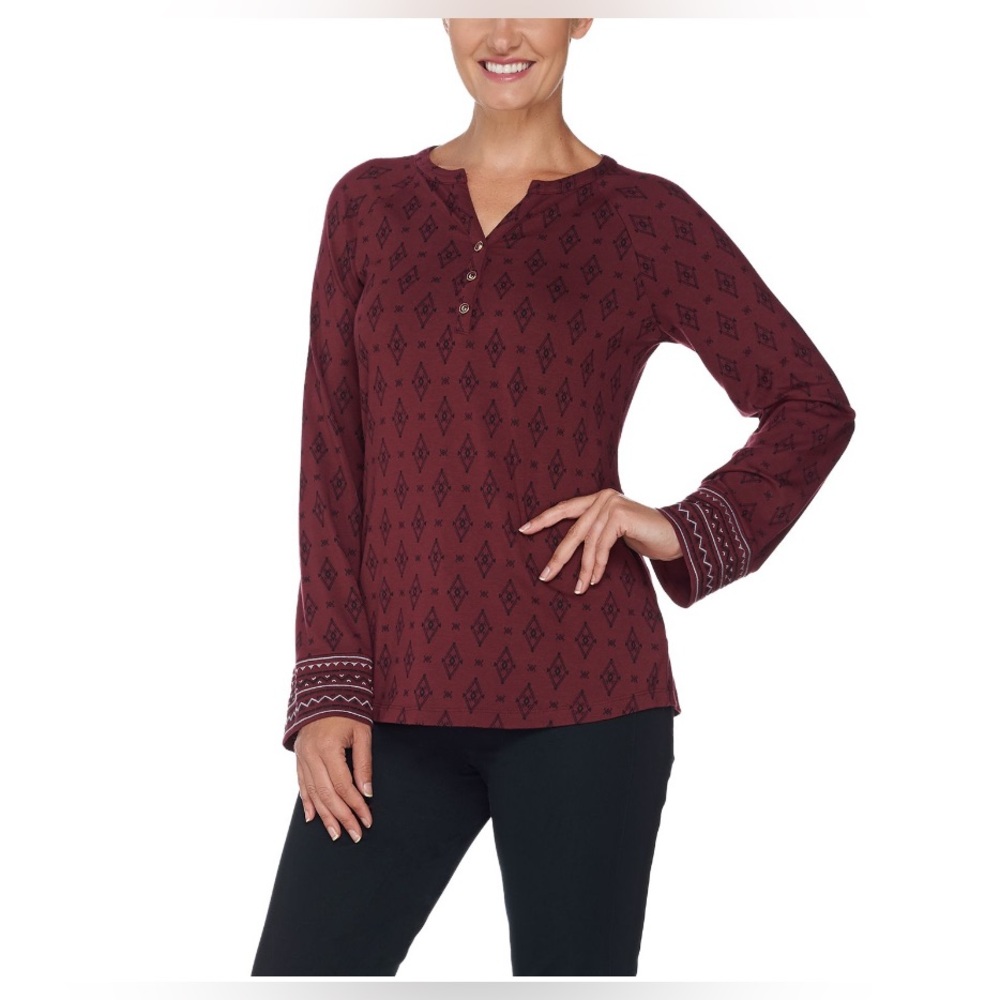 Denim & Co. L Burgundy Printed Knit Long Sleeve Henley Tunic Top